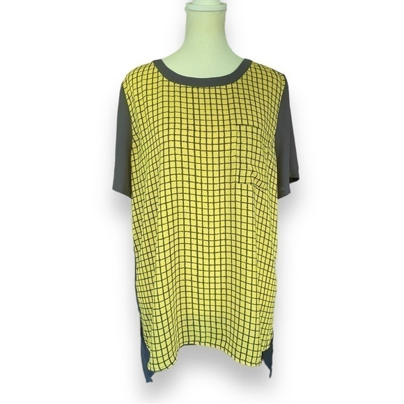 HALOGEN Checked Lime Green and Gray High-Low Tunic Blouse | Size Medium - Picture 1 of 12